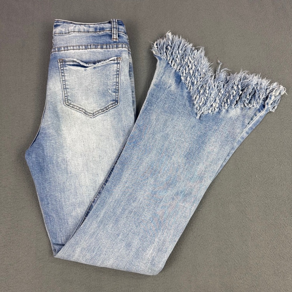 Elite Jeans Womens 5/6 Light Wash Distressed Flare Jeans Frayed V Hem PF20476